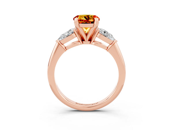 Rose gold Three-Stone Round Cut Citrine Ring with Pear Side Stones and Four-Prong Setting