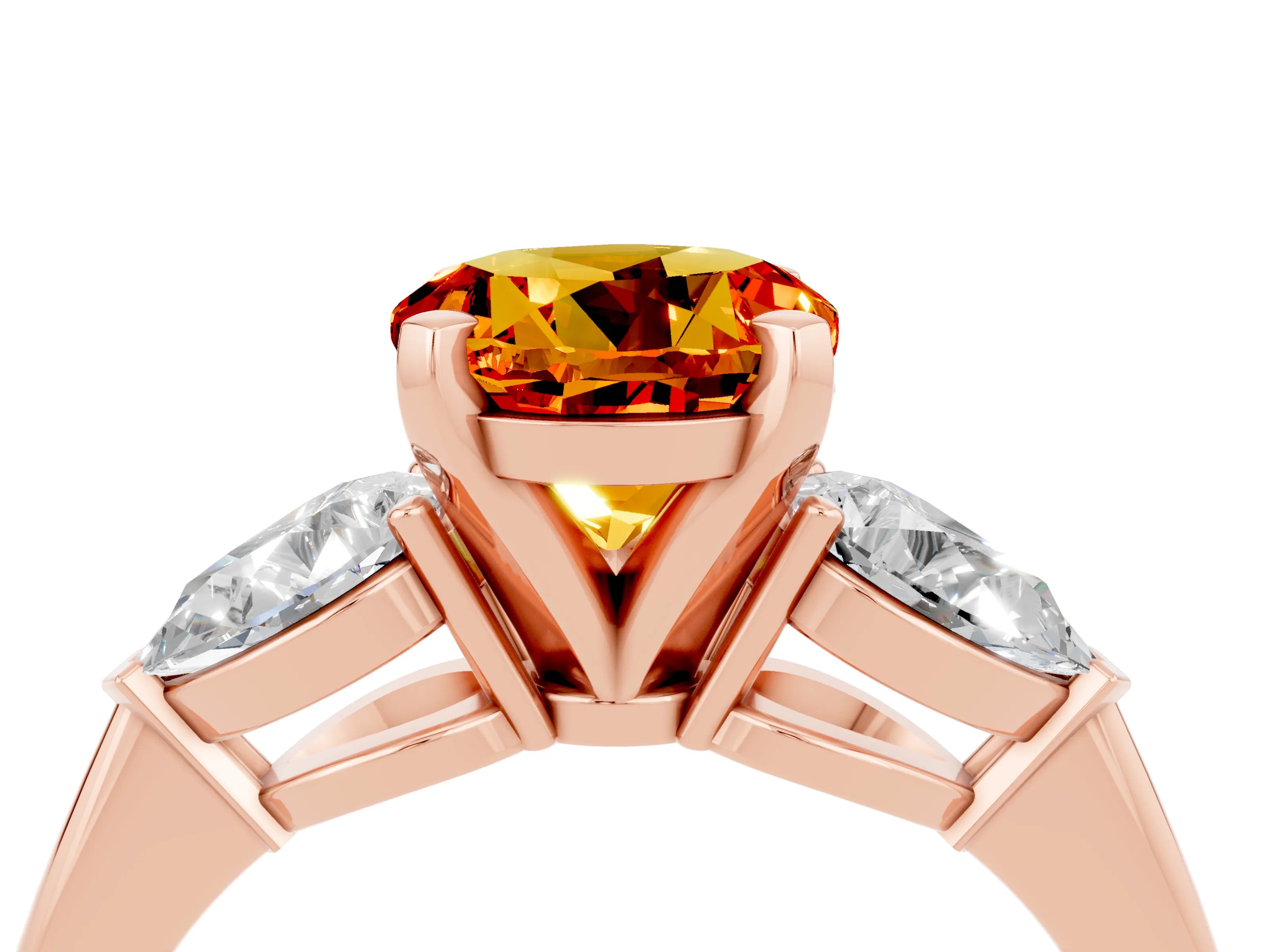 Rose gold Three-Stone Round Cut Citrine Ring with Pear Side Stones and Four-Prong Setting_4