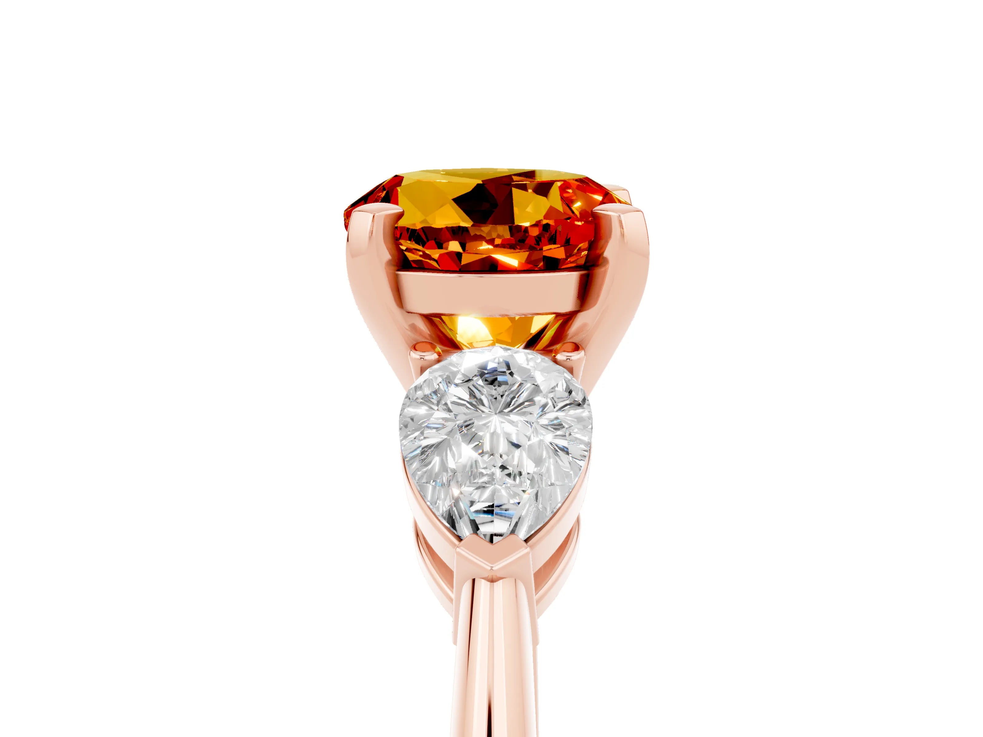 Rose gold Three-Stone Round Cut Citrine Ring with Pear Side Stones and Four-Prong Setting_5
