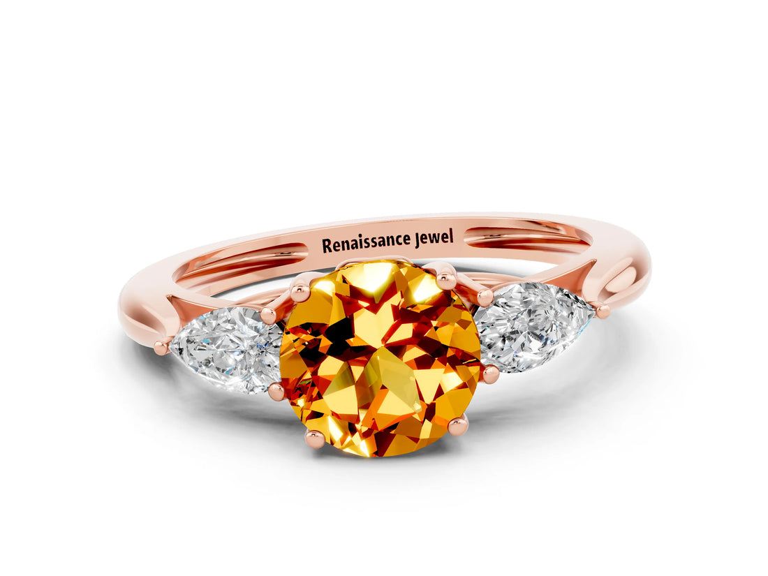 Rose gold Three-Stone Round Cut Citrine Ring with Pear  Side Stones in Four-Prong Setting_12