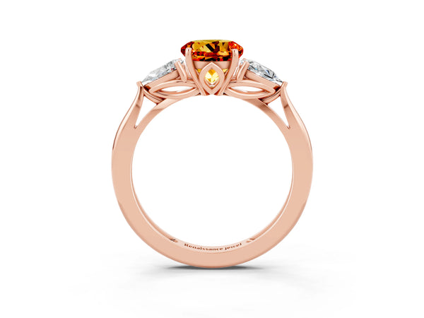 Rose gold Three-Stone Round Cut Citrine Ring with Pear  Side Stones in Four-Prong Setting