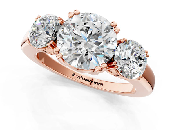 Rose gold Three-Stone Round Cut Cut Diamond Ring with Channel Set Band and Four-Prong Setting