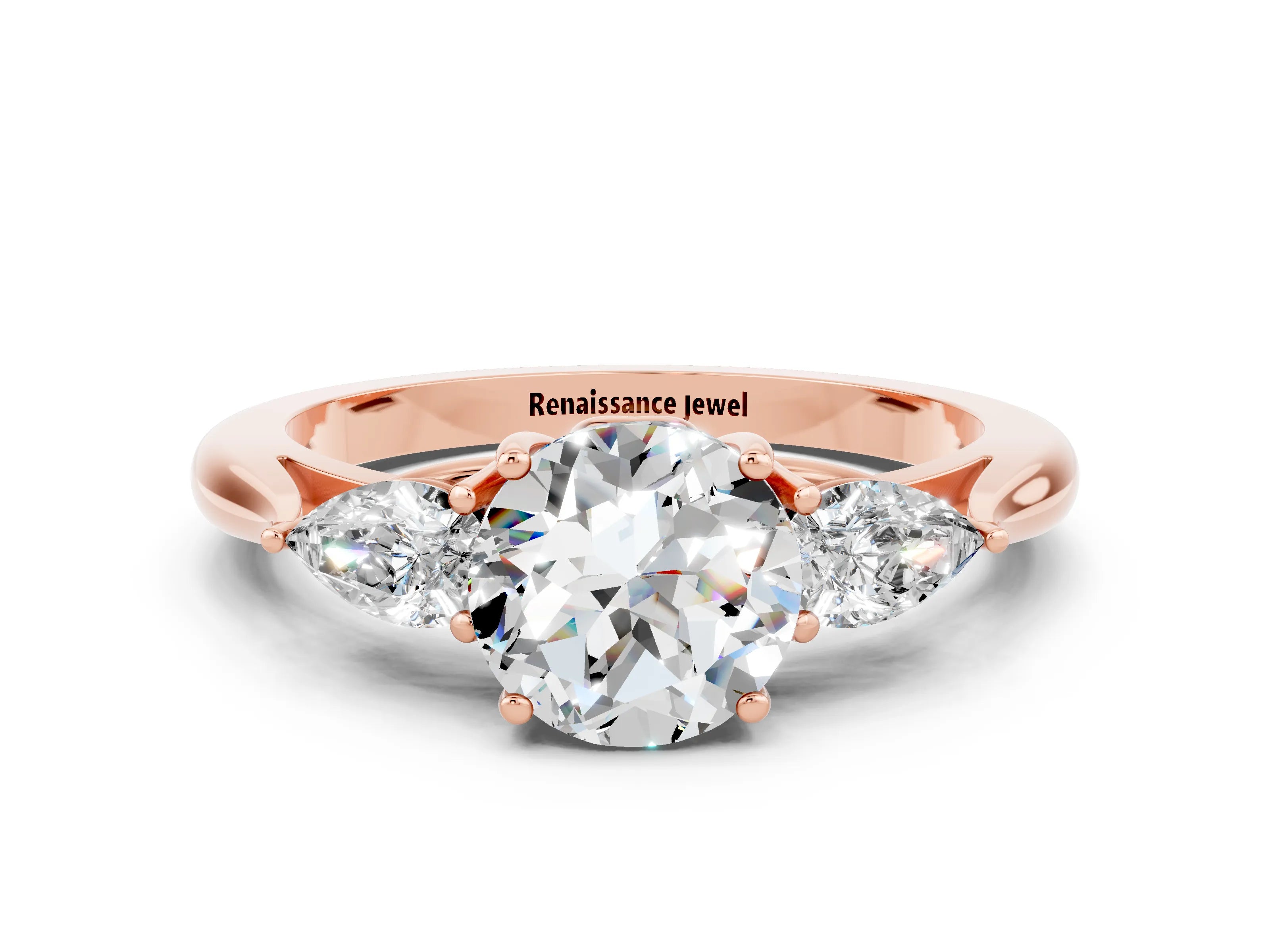 Rose gold Three-Stone Round Cut Cut Diamond Ring with Pear Side Stones in Four-Prong Setting