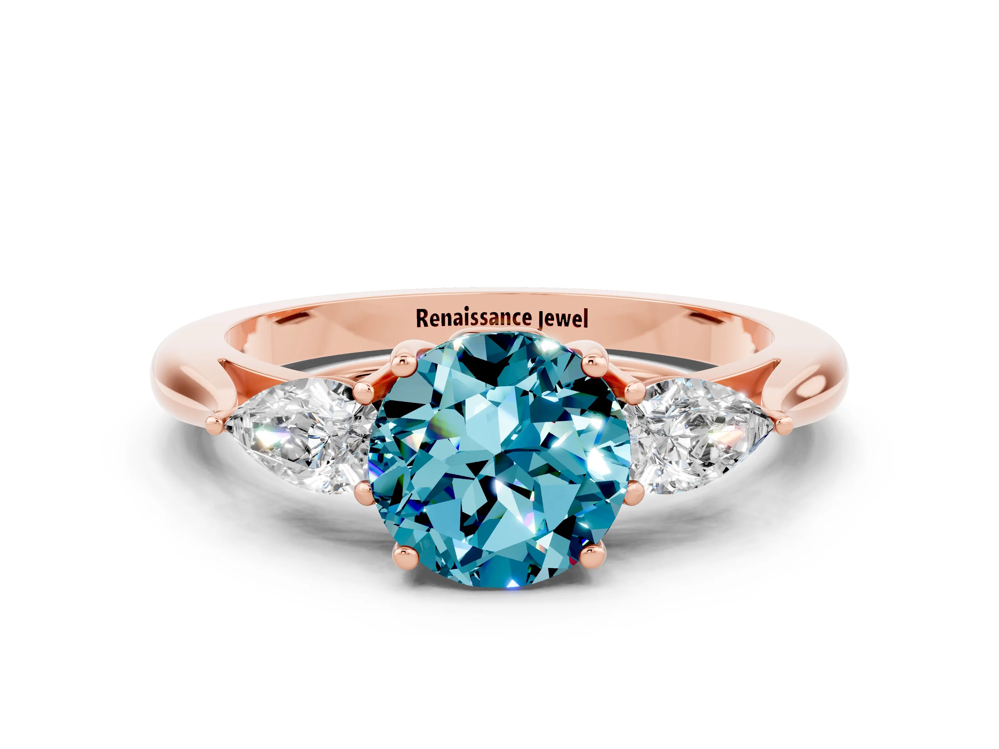 Rose gold Three-Stone Round Cut Cut Diamond Ring with Pear Side Stones in Four-Prong Setting