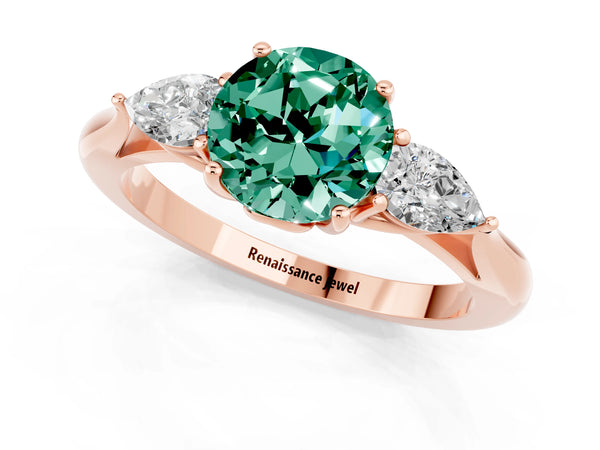 Rose gold Three-Stone Round Cut Green Sapphire Ring with Pear  Side Stones in Four-Prong Setting