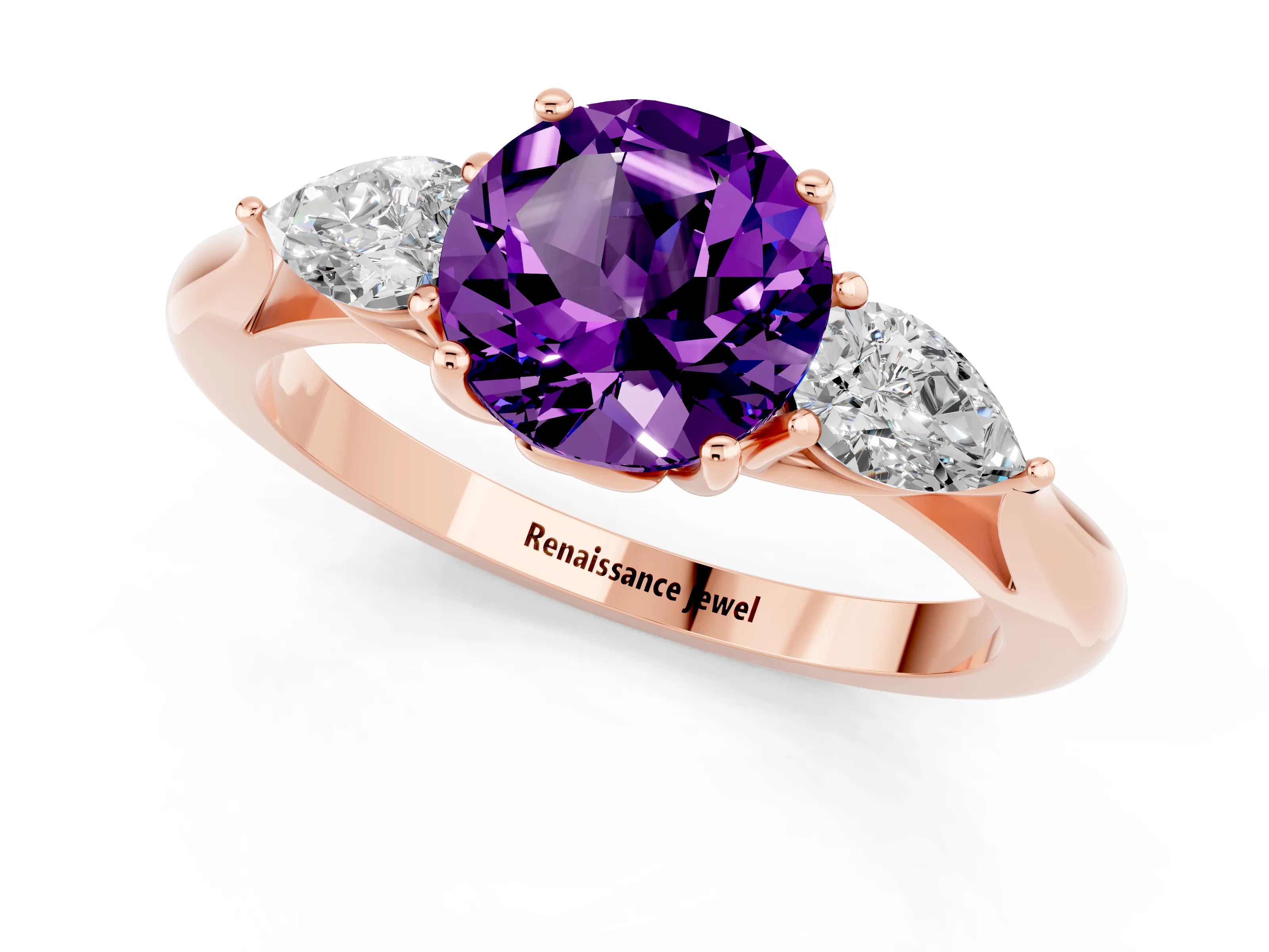 Rose gold Three-Stone Round Cut Cut Diamond Ring with Pear Side Stones in Four-Prong Setting_1