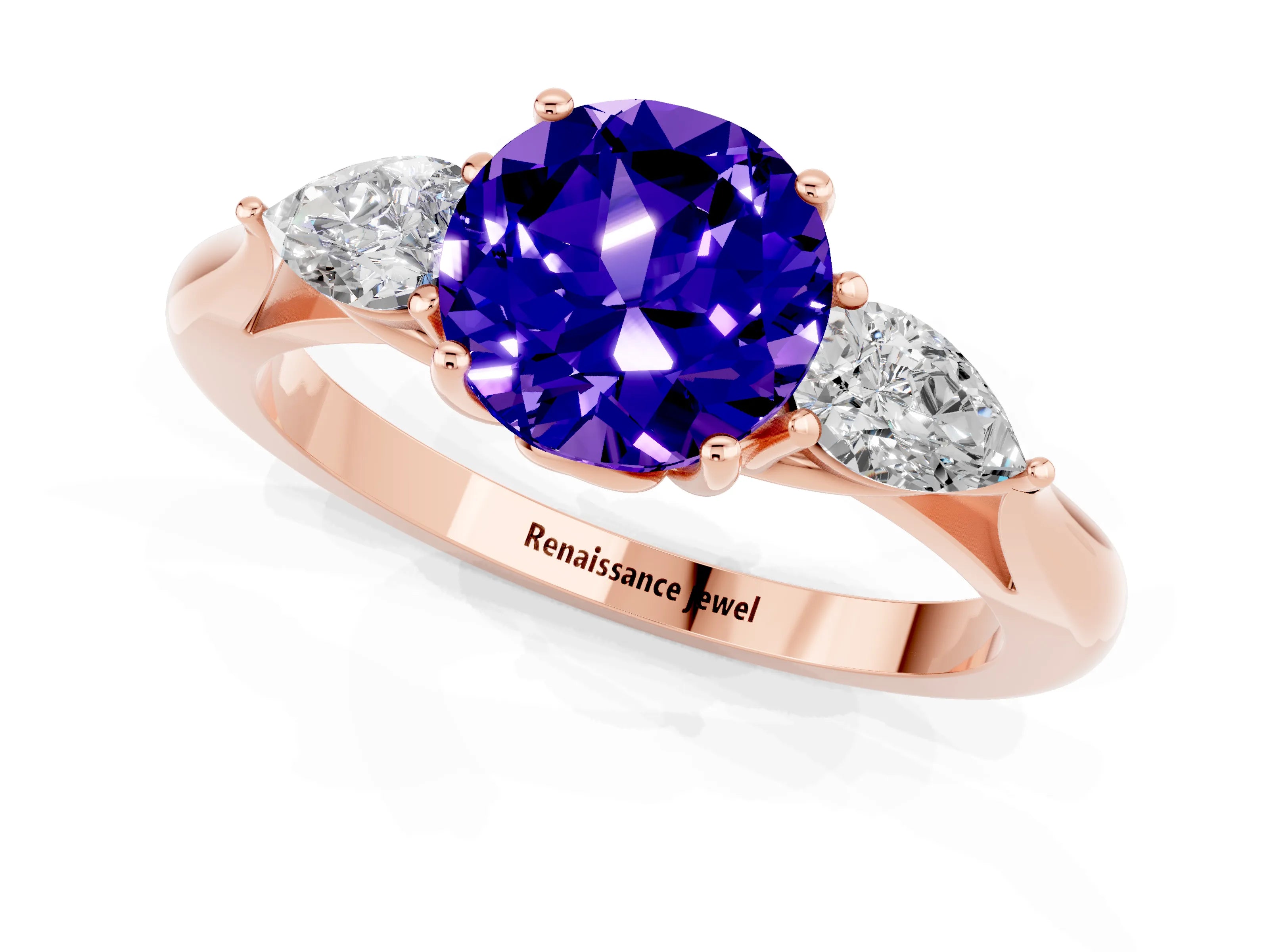 Rose gold Three-Stone Round Cut Cut Diamond Ring with Pear Side Stones in Four-Prong Setting_1