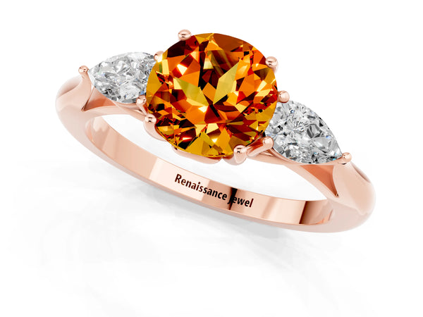 Rose gold Three-Stone Round Cut Citrine Ring with Pear  Side Stones in Four-Prong Setting