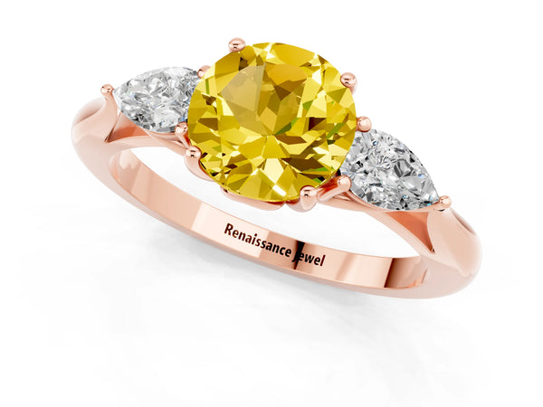 Rose gold Three-Stone Round Cut Yellow Sapphire Ring with Pear  Side Stones in Four-Prong Setting