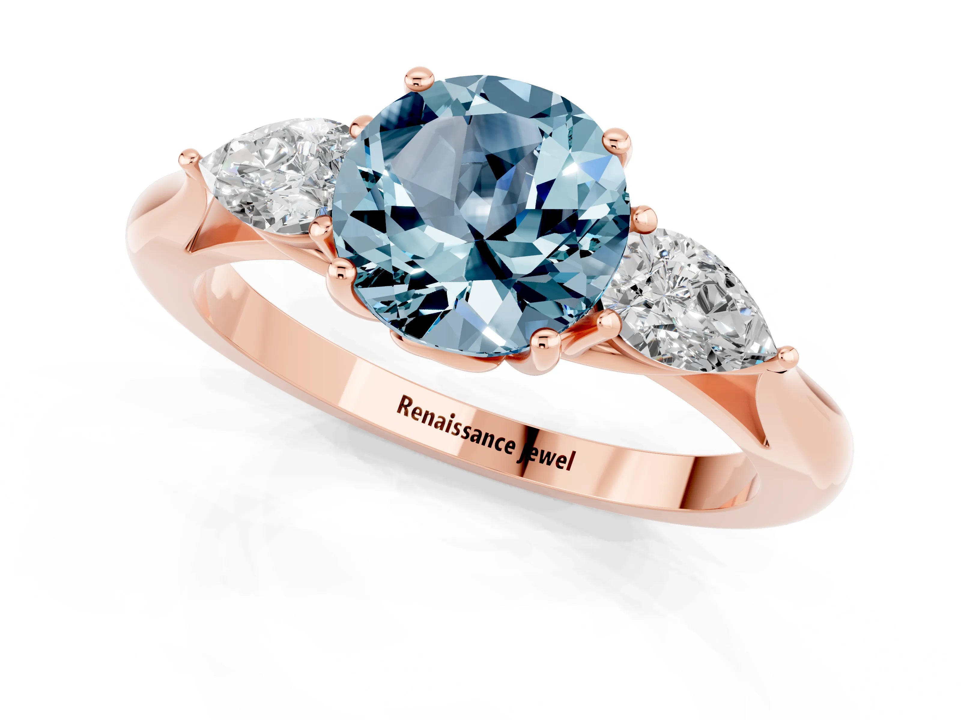 Rose gold Three-Stone Round Cut Cut Diamond Ring with Pear Side Stones in Four-Prong Setting_1