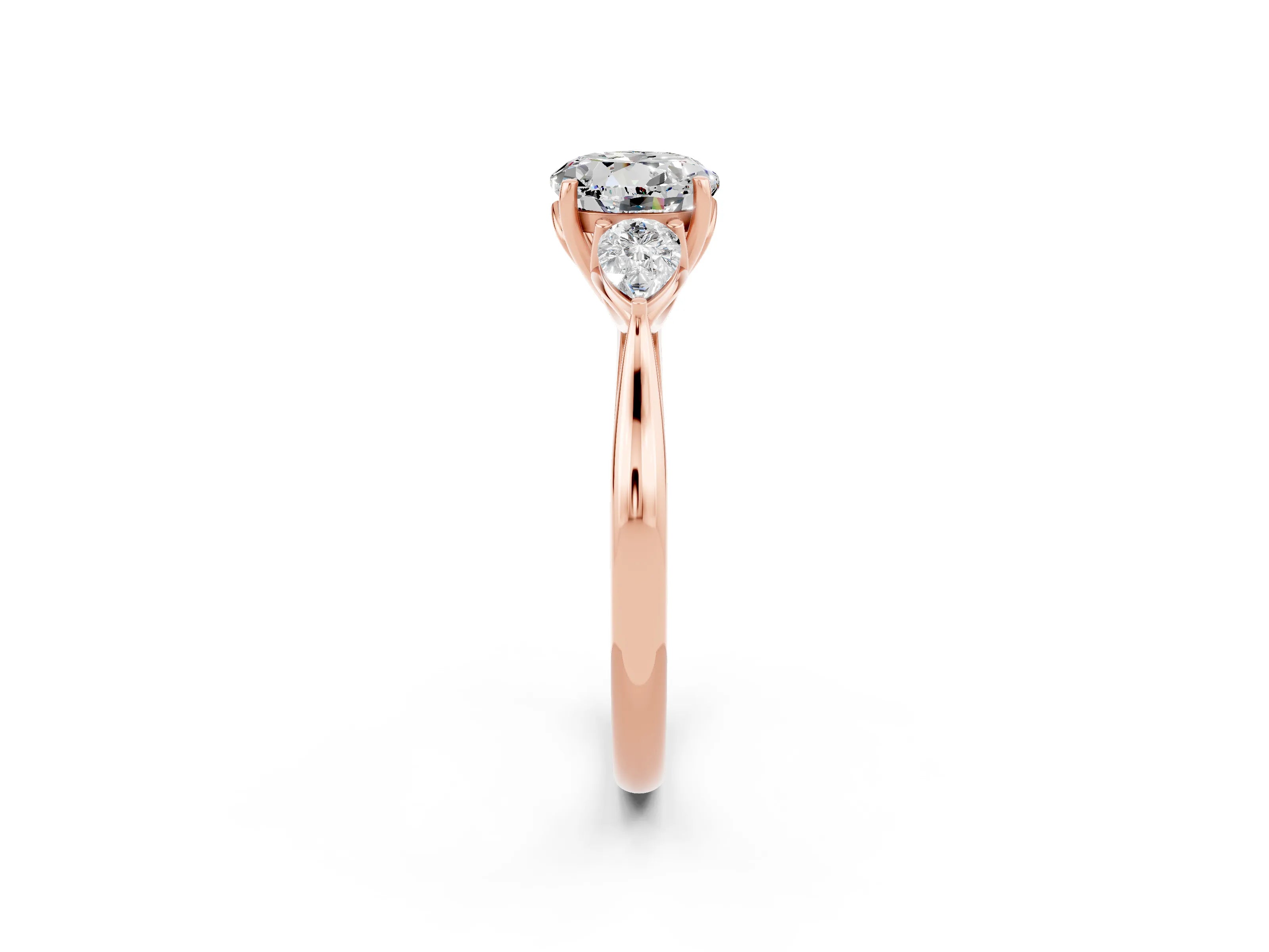 Rose gold Three-Stone Round Cut Cut Diamond Ring with Pear Side Stones in Four-Prong Setting_2