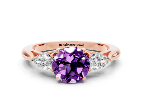 Rose gold Three-Stone Round Cut Cut Diamond Ring with Pear Side Stones in Four-Prong Setting