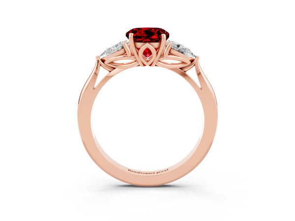 Rose gold Three-Stone Round Cut Cut Diamond Ring with Pear Side Stones in Four-Prong Setting
