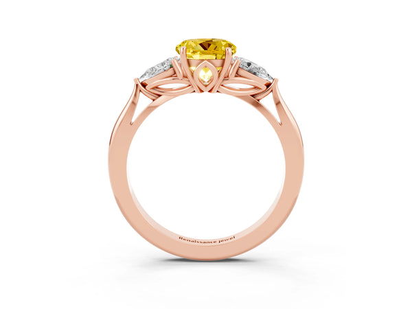 Rose gold Three-Stone Round Cut Yellow Sapphire Ring with Pear  Side Stones in Four-Prong Setting
