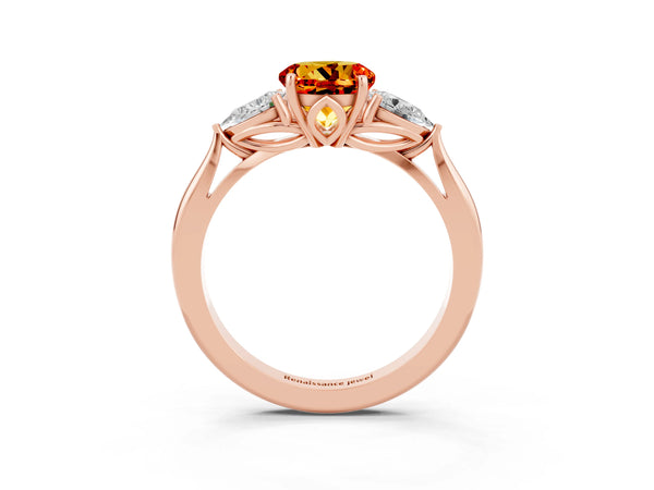 Rose gold Three-Stone Round Cut Citrine Ring with Pear  Side Stones in Four-Prong Setting