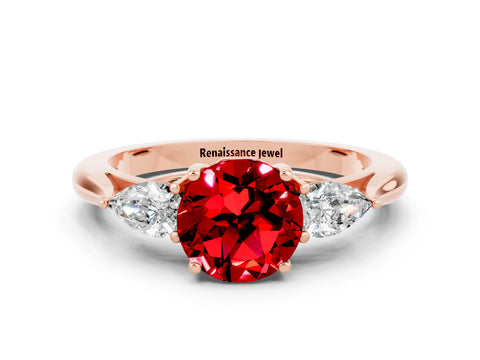 Rose gold Three-Stone Round Cut Cut Diamond Ring with Pear Side Stones in Four-Prong Setting