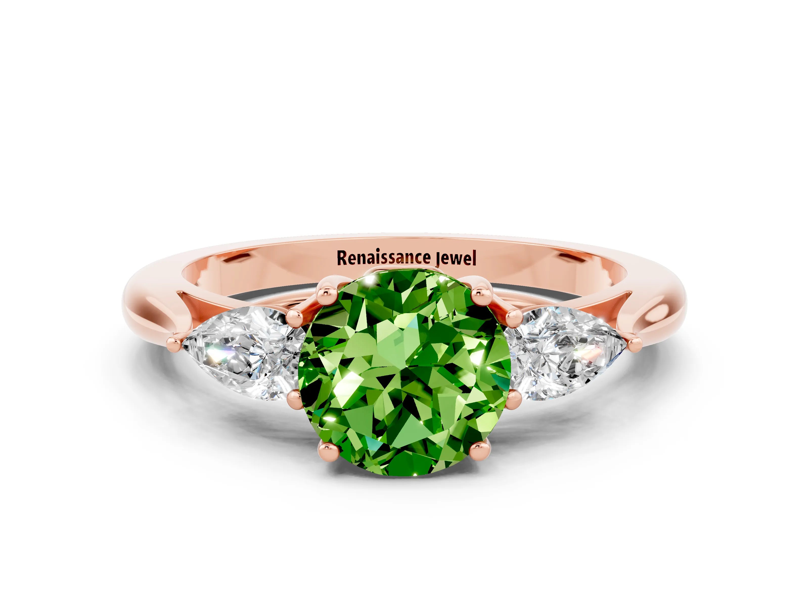 Rose gold Three-Stone Round Cut Cut Diamond Ring with Pear Side Stones in Four-Prong Setting