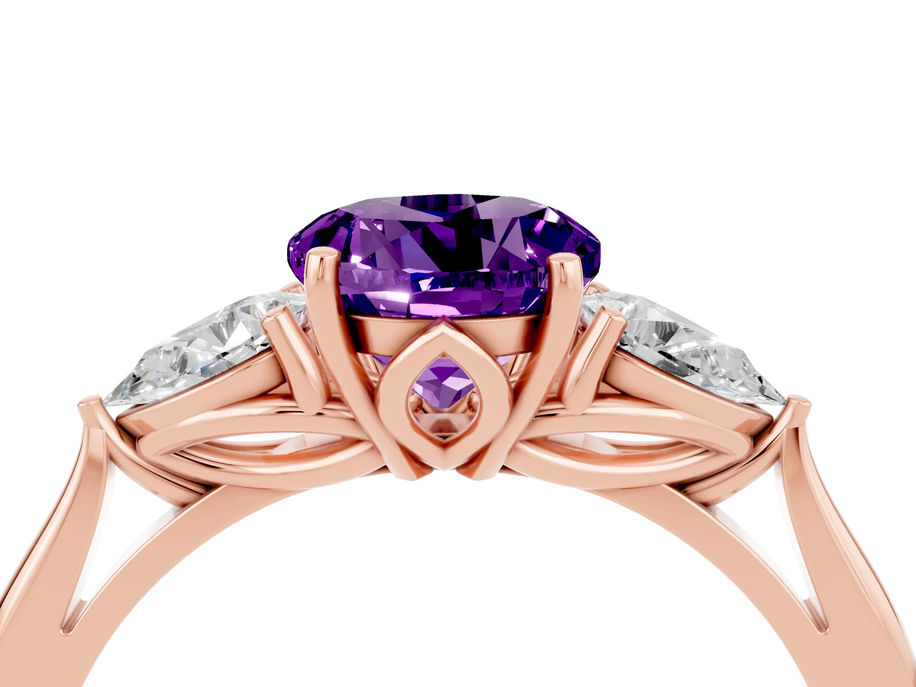 Rose gold Three-Stone Round Cut Cut Diamond Ring with Pear Side Stones in Four-Prong Setting_4
