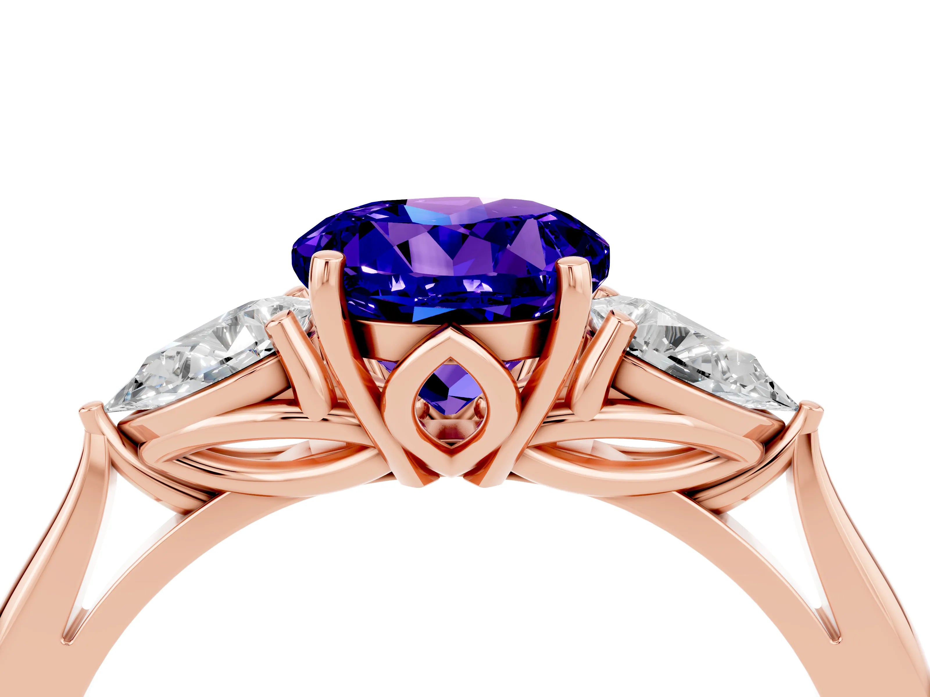 Rose gold Three-Stone Round Cut Cut Diamond Ring with Pear Side Stones in Four-Prong Setting_4