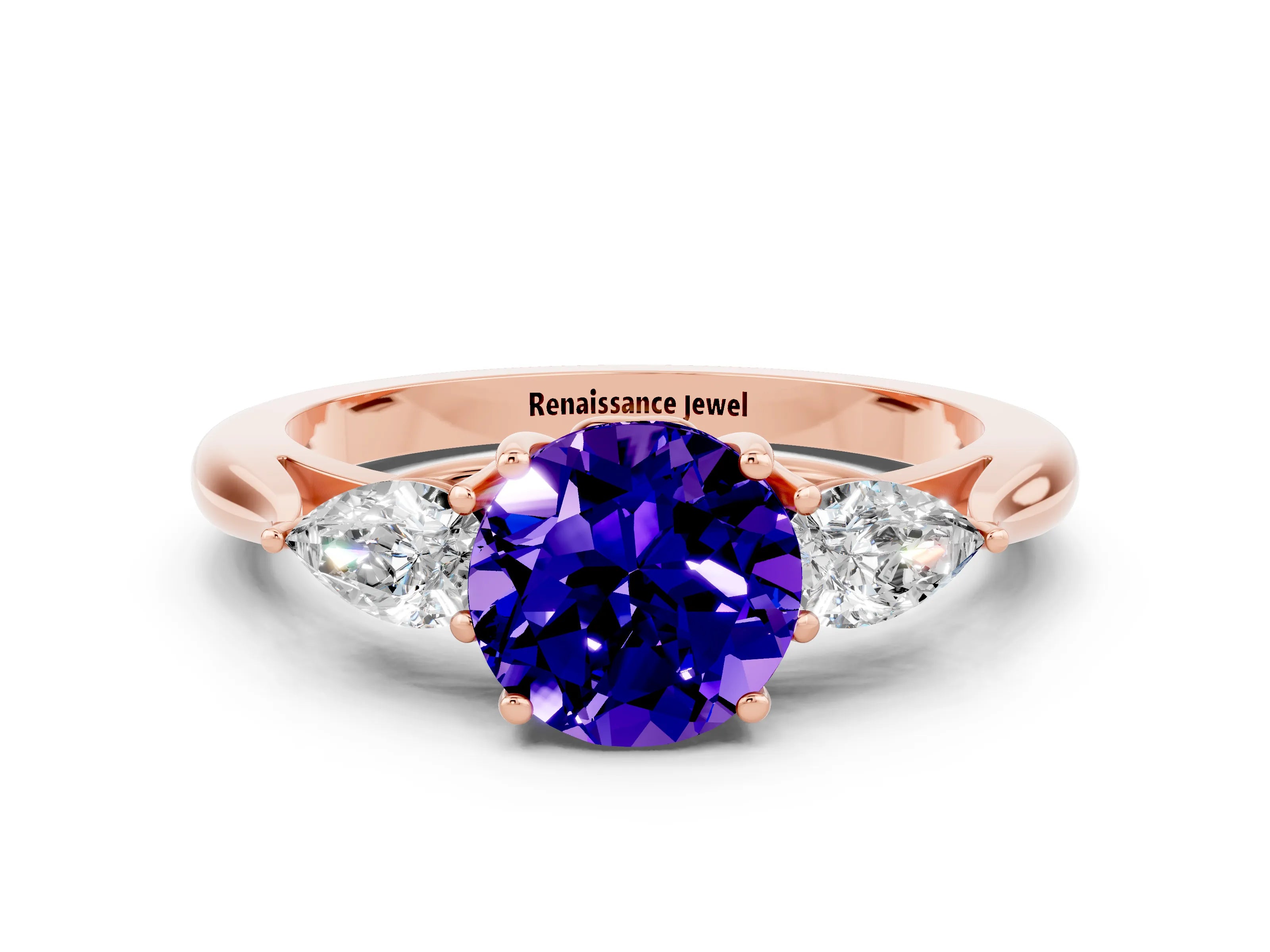 Rose gold Three-Stone Round Cut Cut Diamond Ring with Pear Side Stones in Four-Prong Setting