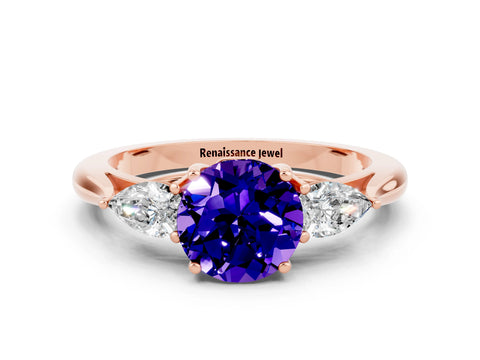 Rose gold Three-Stone Round Cut Cut Diamond Ring with Pear Side Stones in Four-Prong Setting