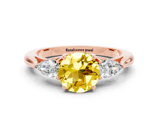 Rose gold Three-Stone Round Cut Yellow Sapphire Ring with Pear  Side Stones in Four-Prong Setting
