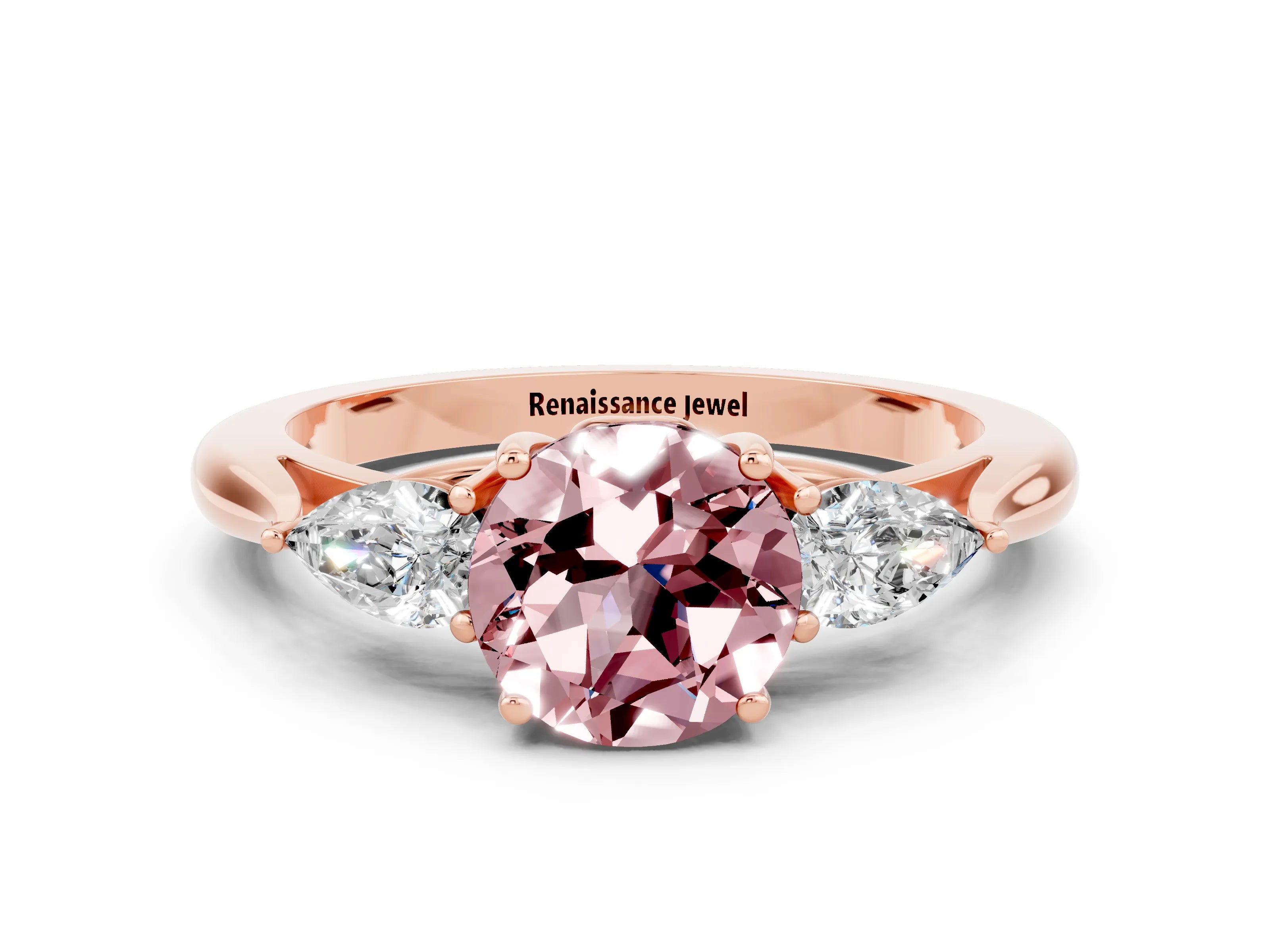 Rose gold Three-Stone Round Cut Cut Diamond Ring with Pear Side Stones in Four-Prong Setting