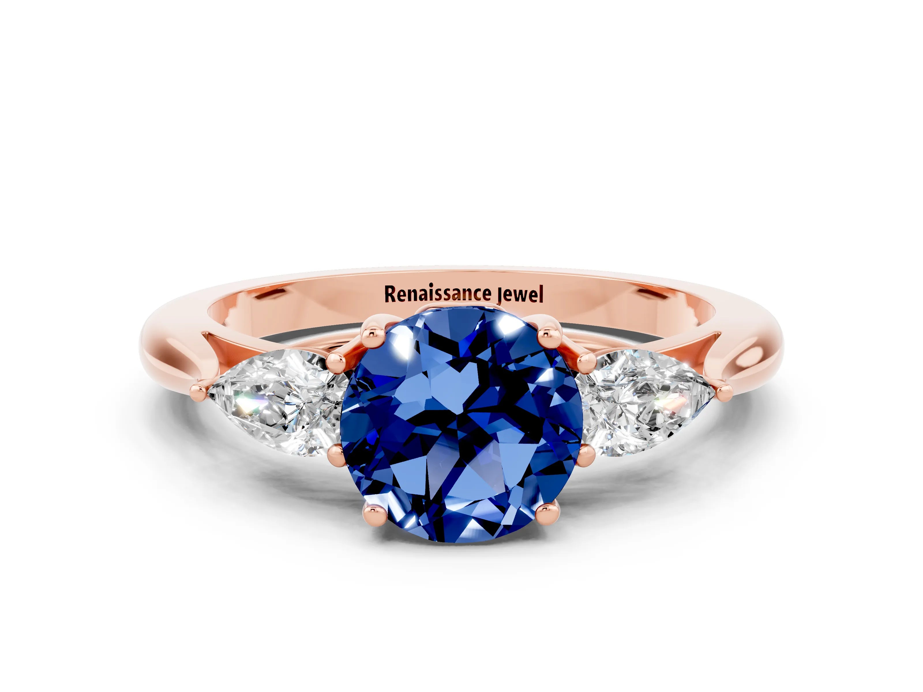 Rose gold Three-Stone Round Cut Cut Diamond Ring with Pear Side Stones in Four-Prong Setting