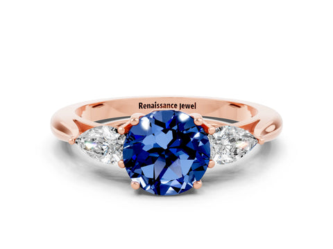 Rose gold Three-Stone Round Cut Cut Diamond Ring with Pear Side Stones in Four-Prong Setting