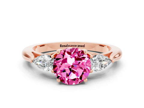 Rose gold Three-Stone Round Cut Cut Diamond Ring with Pear Side Stones in Four-Prong Setting