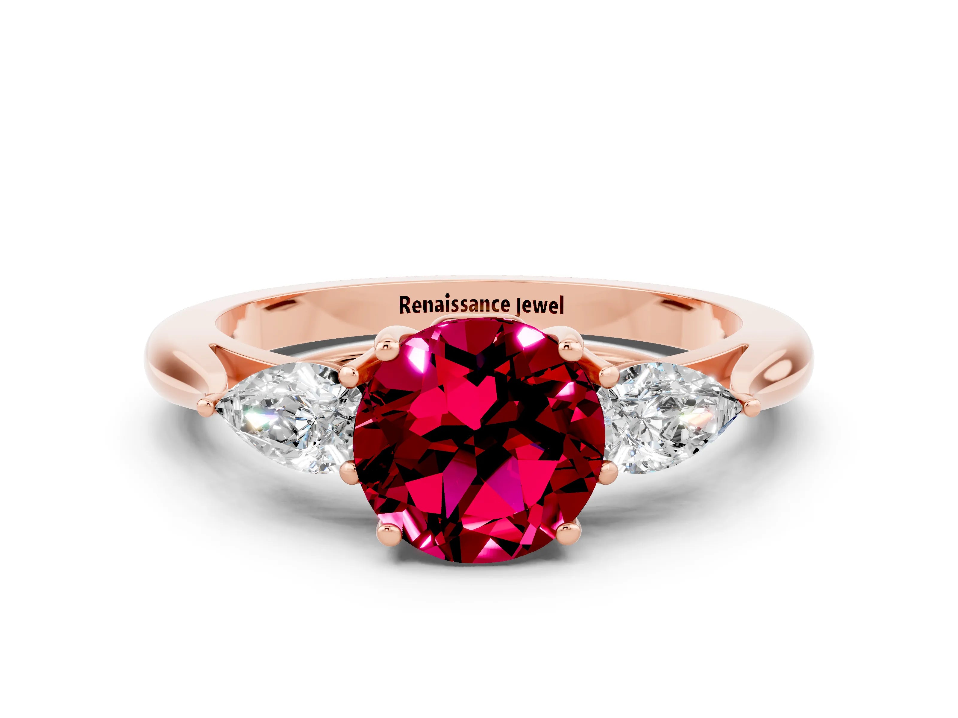 Rose gold Three-Stone Round Cut Cut Diamond Ring with Pear Side Stones in Four-Prong Setting