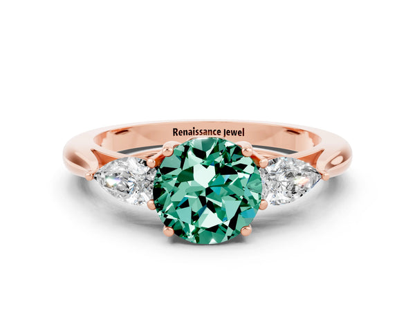Rose gold Three-Stone Round Cut Green Sapphire Ring with Pear  Side Stones in Four-Prong Setting