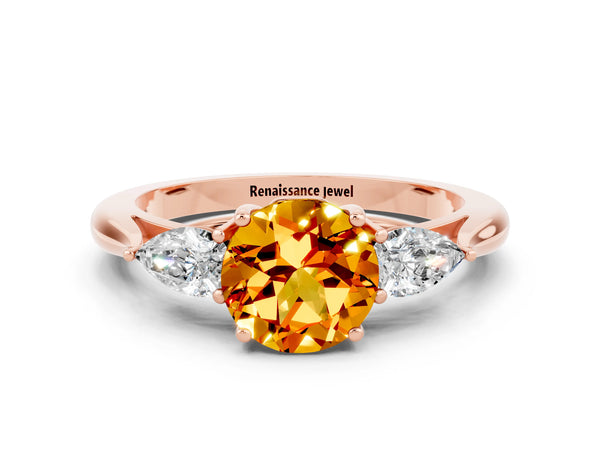 Rose gold Three-Stone Round Cut Citrine Ring with Pear  Side Stones in Four-Prong Setting
