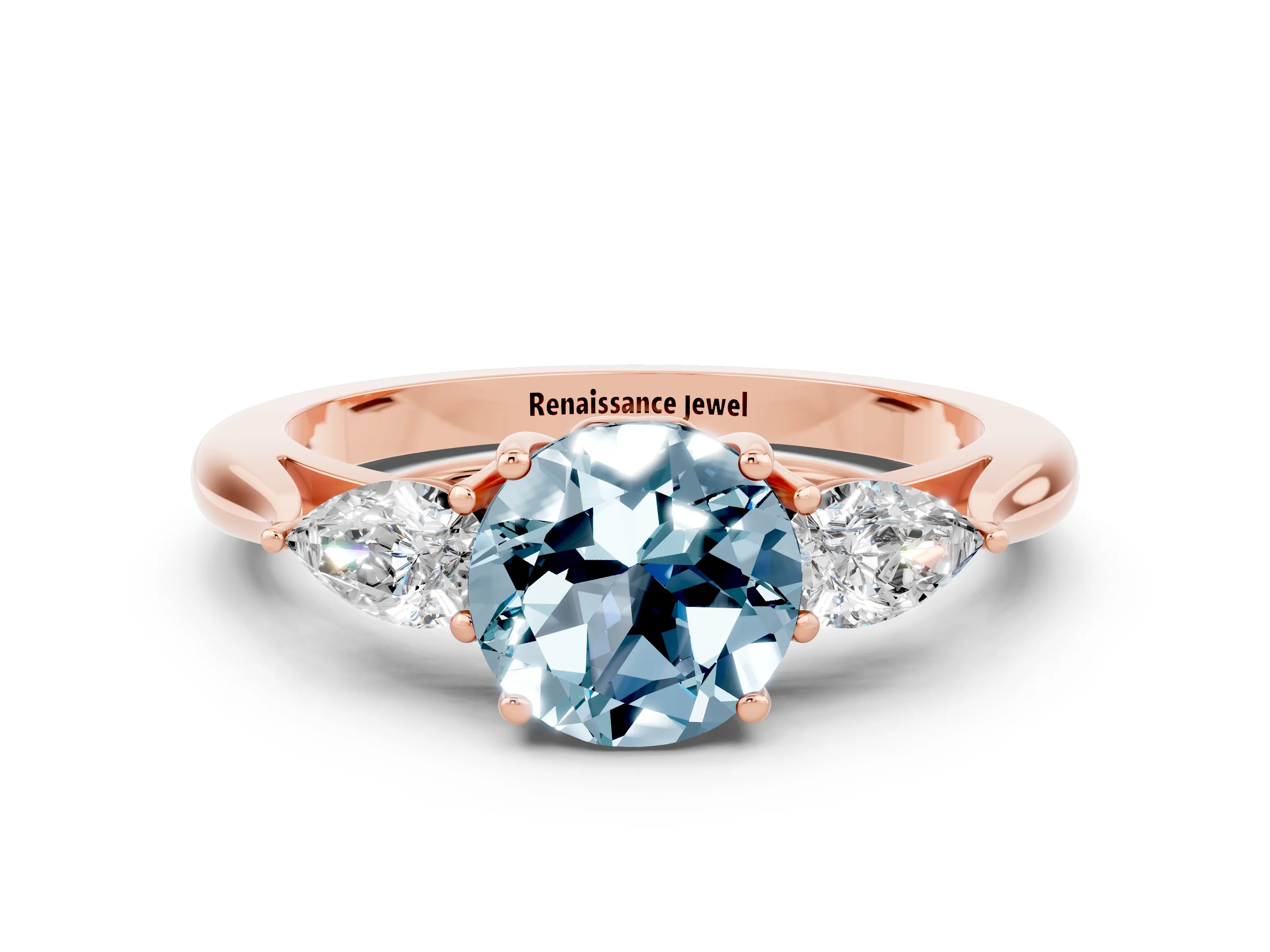 Rose gold Three-Stone Round Cut Cut Diamond Ring with Pear Side Stones in Four-Prong Setting