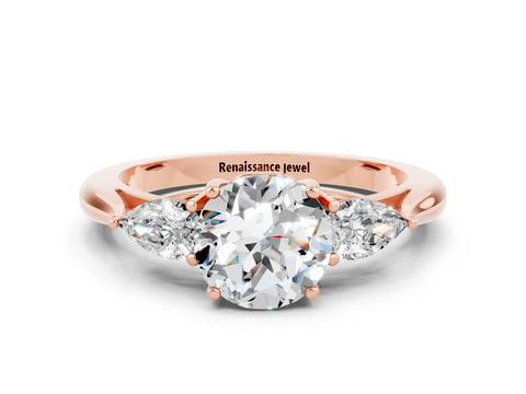 Rose gold Three-Stone Round Cut Cut Diamond Ring with Pear Side Stones in Four-Prong Setting