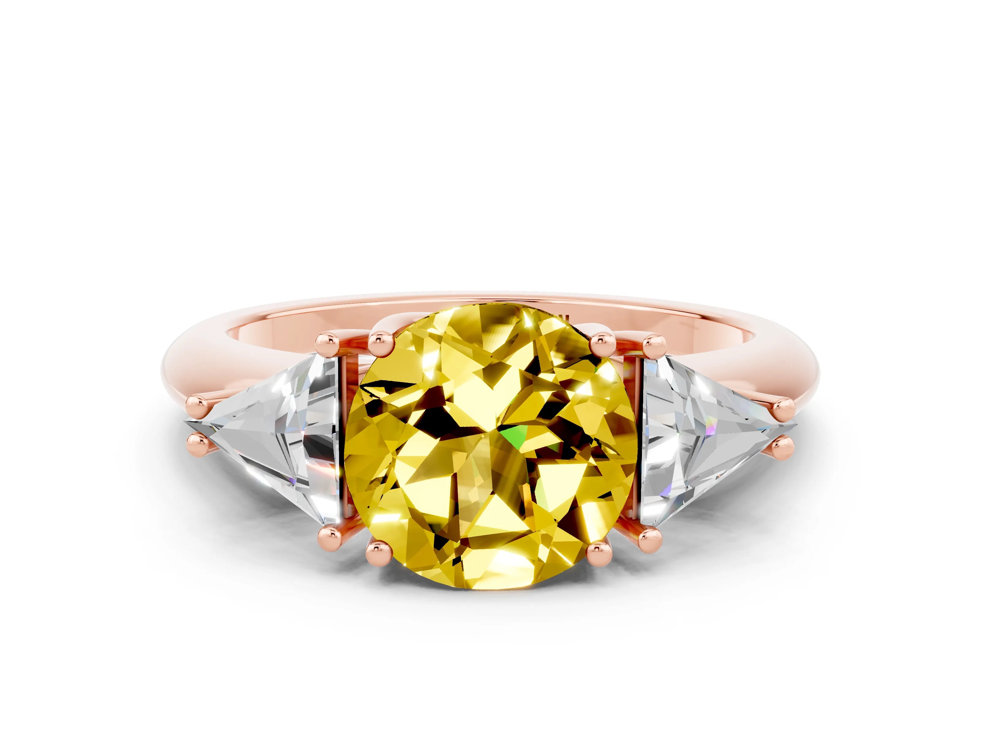 Rose gold Three-Stone Round Cut Cut Diamond Ring with Trillion Side Stones and Four-Prong Setting