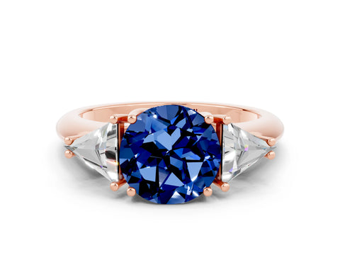 Rose gold Three-Stone Round Cut Cut Diamond Ring with Trillion Side Stones and Four-Prong Setting