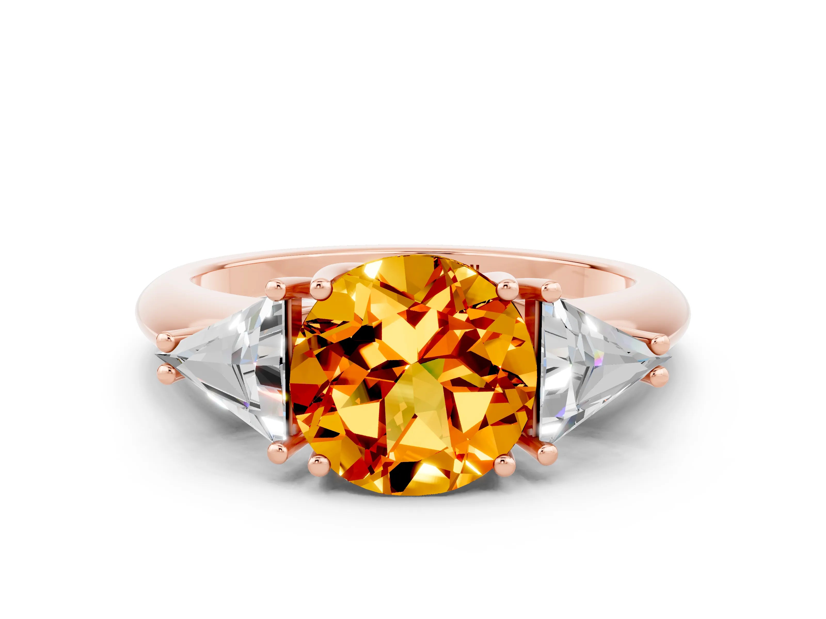 Rose gold Three-Stone Round Cut Cut Diamond Ring with Trillion Side Stones and Four-Prong Setting