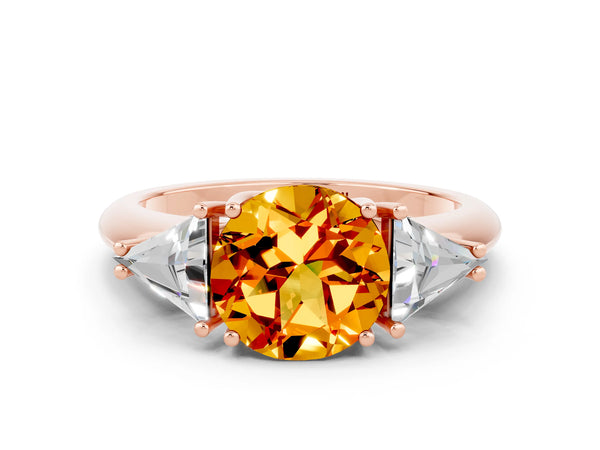 Rose gold Three-Stone Round Cut Citrine Engagement Ring with Trillion Side Stones and Prong Setting