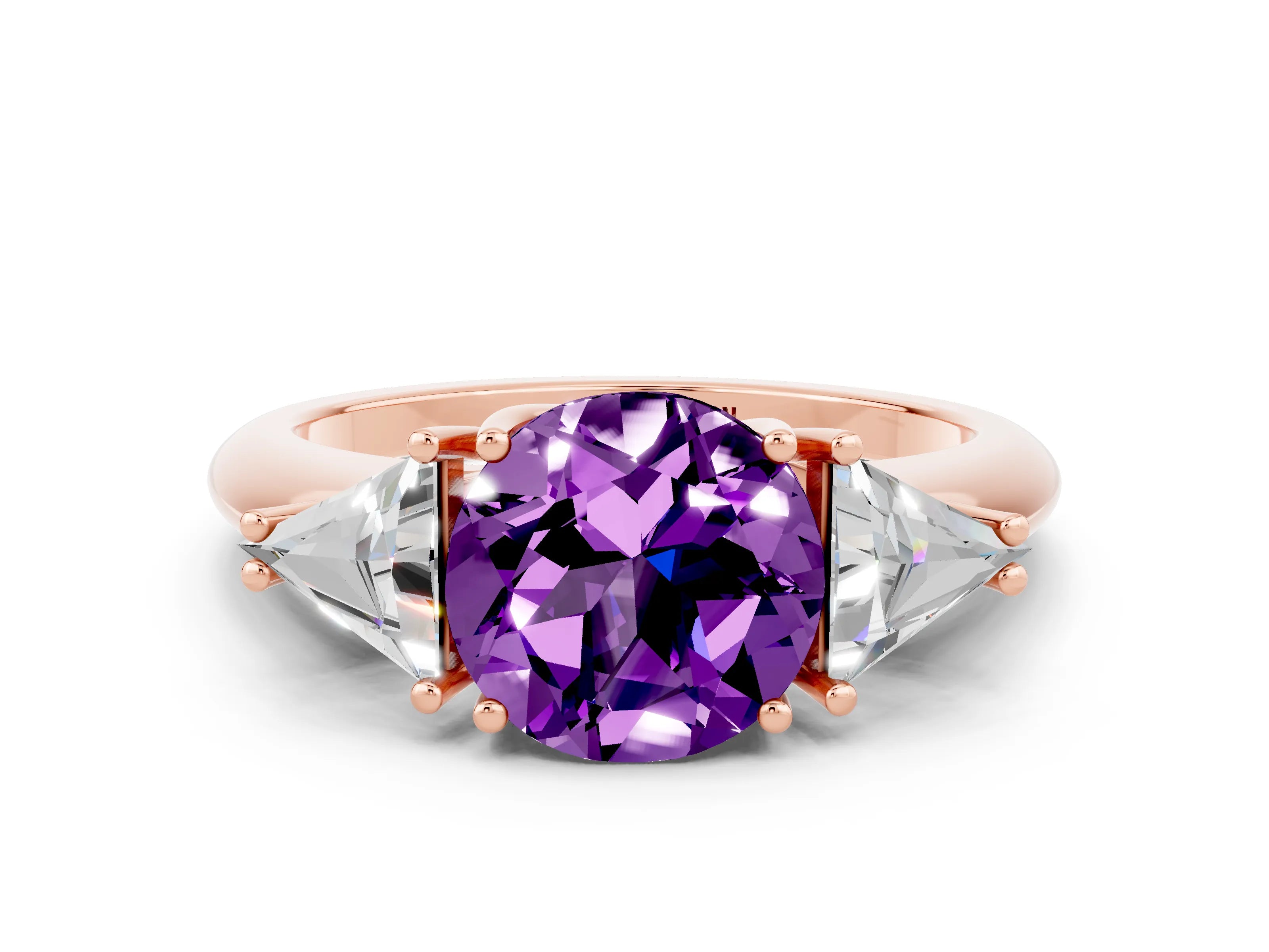 Rose gold Three-Stone Round Cut Cut Diamond Ring with Trillion Side Stones and Four-Prong Setting