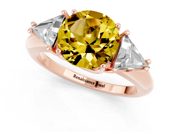 Rose gold Three-Stone Round Cut Yellow Sapphire Engagement Ring with Trillion Side Stones and Prong Setting