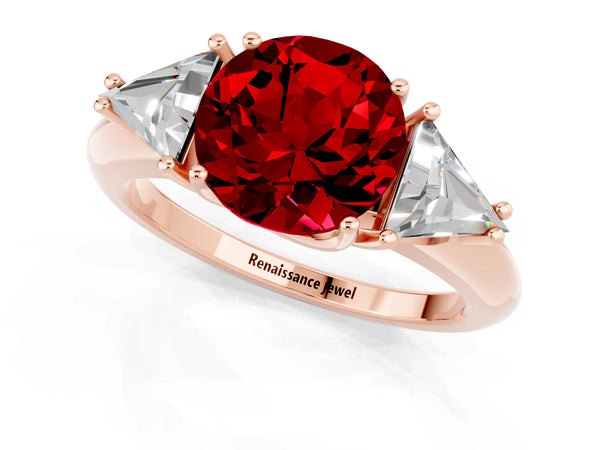 Rose gold Three-Stone Round Cut Ruby Engagement Ring with Trillion Side Stones and Prong Setting