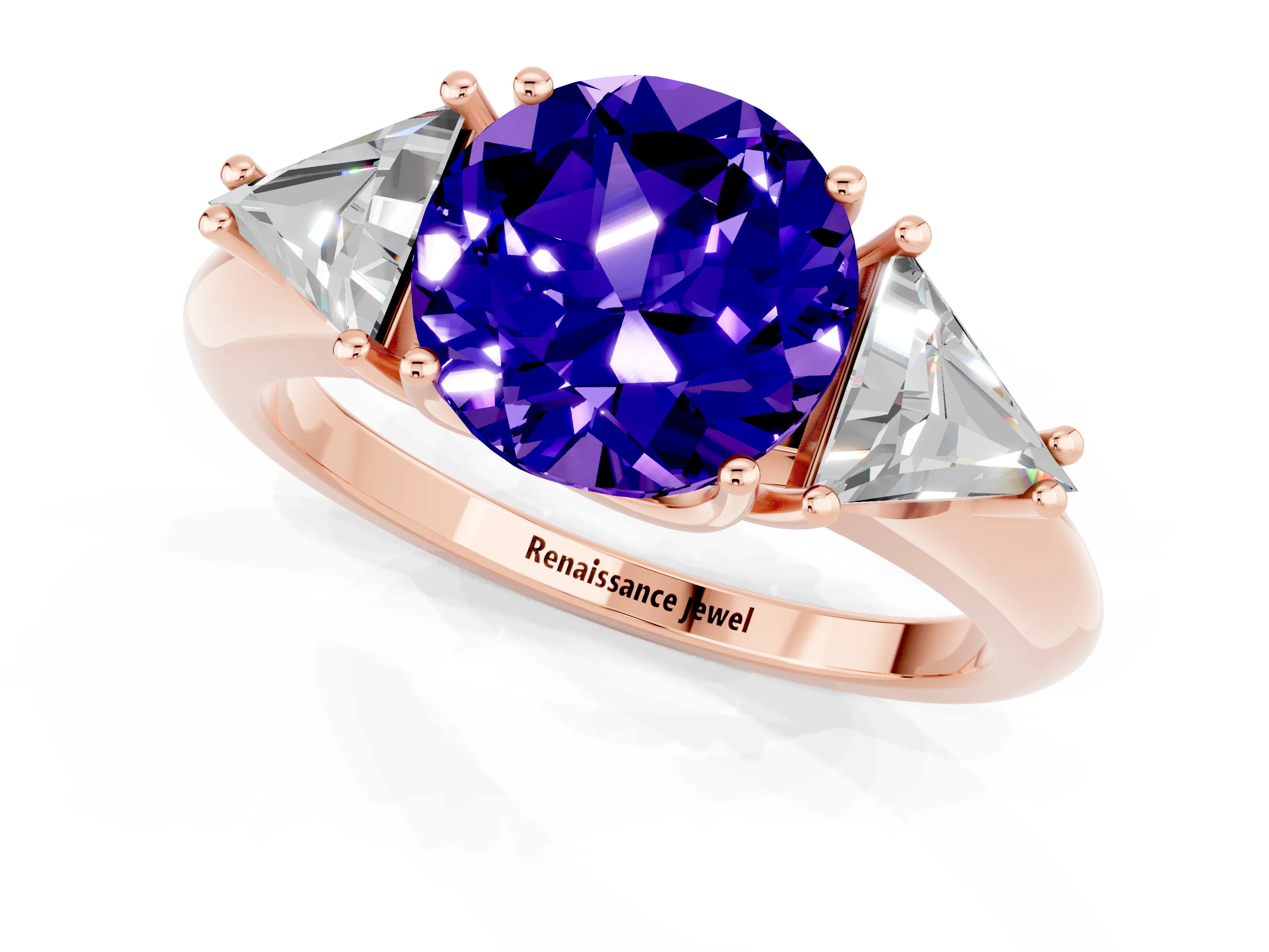 Rose gold Three-Stone Round Cut Cut Diamond Ring with Trillion Side Stones and Four-Prong Setting_1