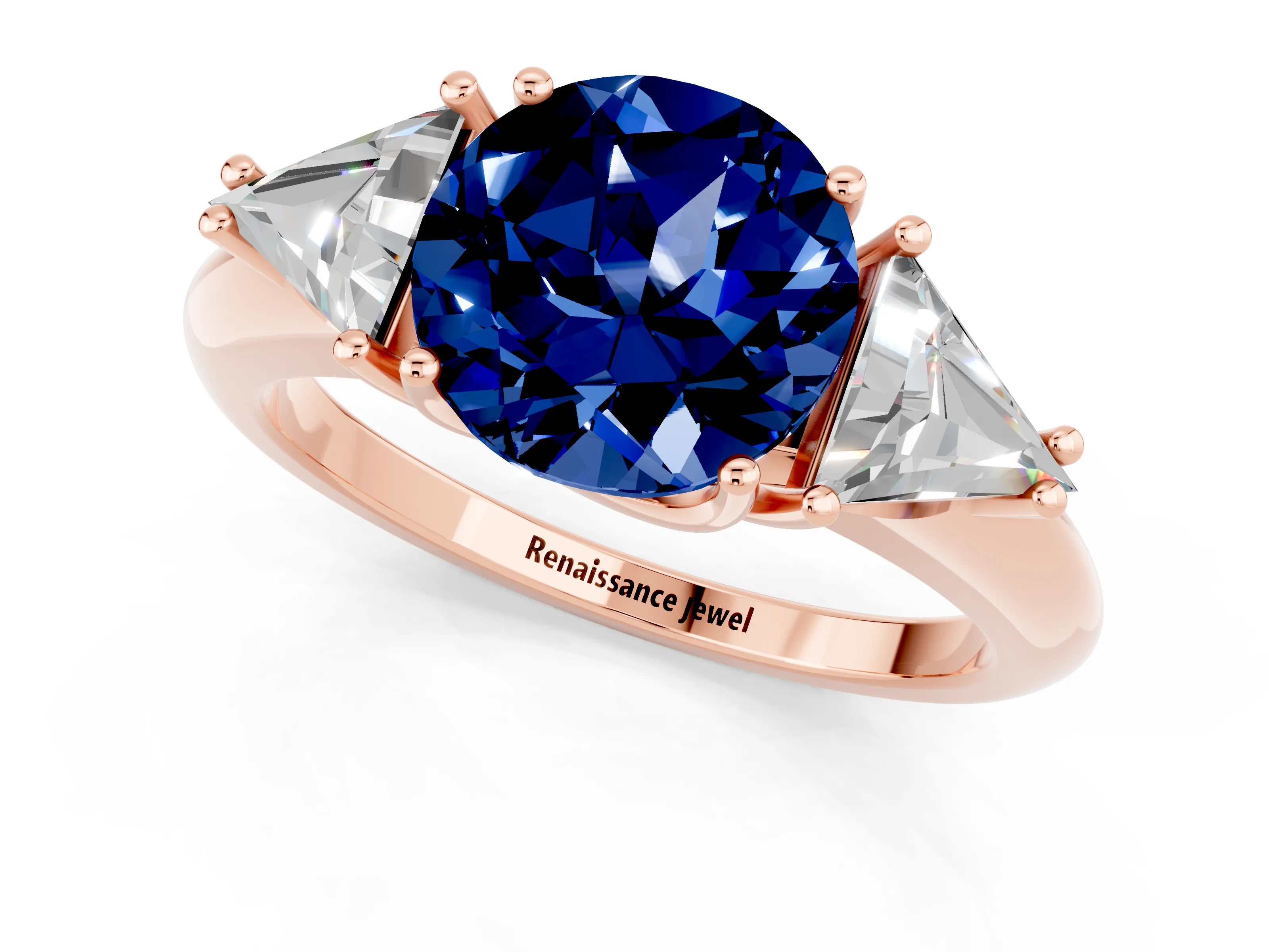 Rose gold Three-Stone Round Cut Cut Diamond Ring with Trillion Side Stones and Four-Prong Setting_1
