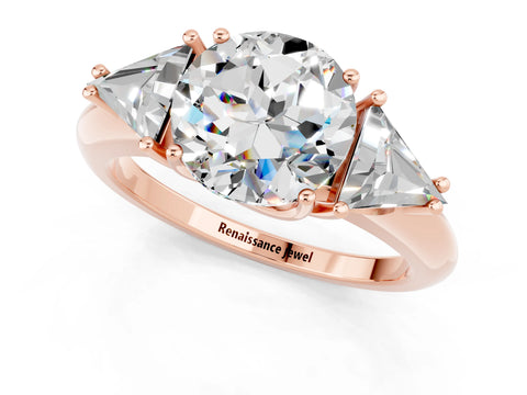 Rose gold Three-Stone Round Cut Cut Diamond Ring with Trillion Side Stones and Four-Prong Setting_1