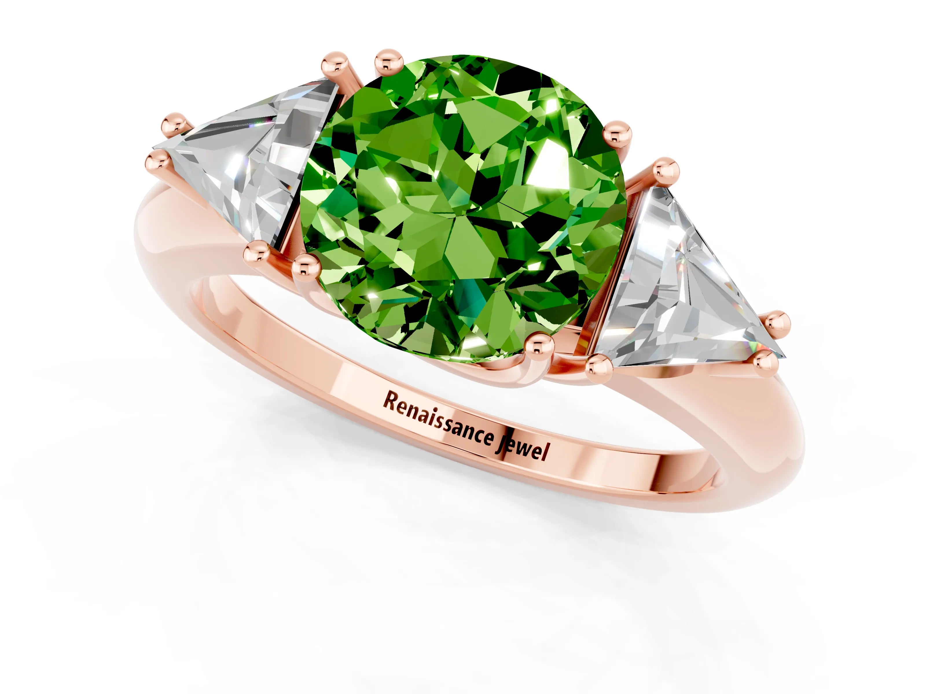 Rose gold Three-Stone Round Cut Cut Diamond Ring with Trillion Side Stones and Four-Prong Setting_1