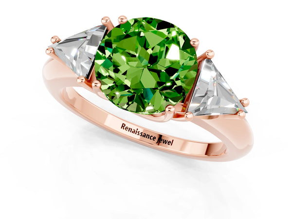 Rose gold Three-Stone Round Cut Cut Diamond Ring with Trillion Side Stones and Four-Prong Setting