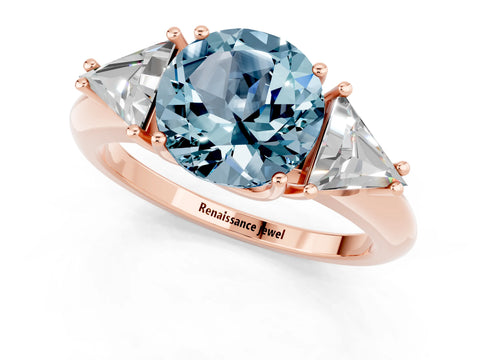 Rose gold Three-Stone Round Cut Cut Diamond Ring with Trillion Side Stones and Four-Prong Setting_1