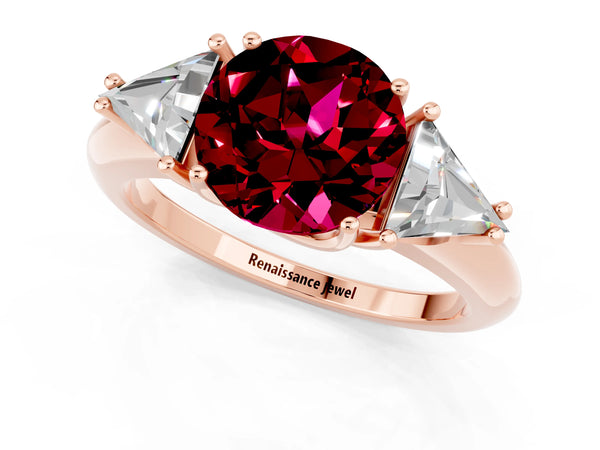 Rose gold Three-Stone Round Cut Garnet Engagement Ring with Trillion Side Stones and Prong Setting