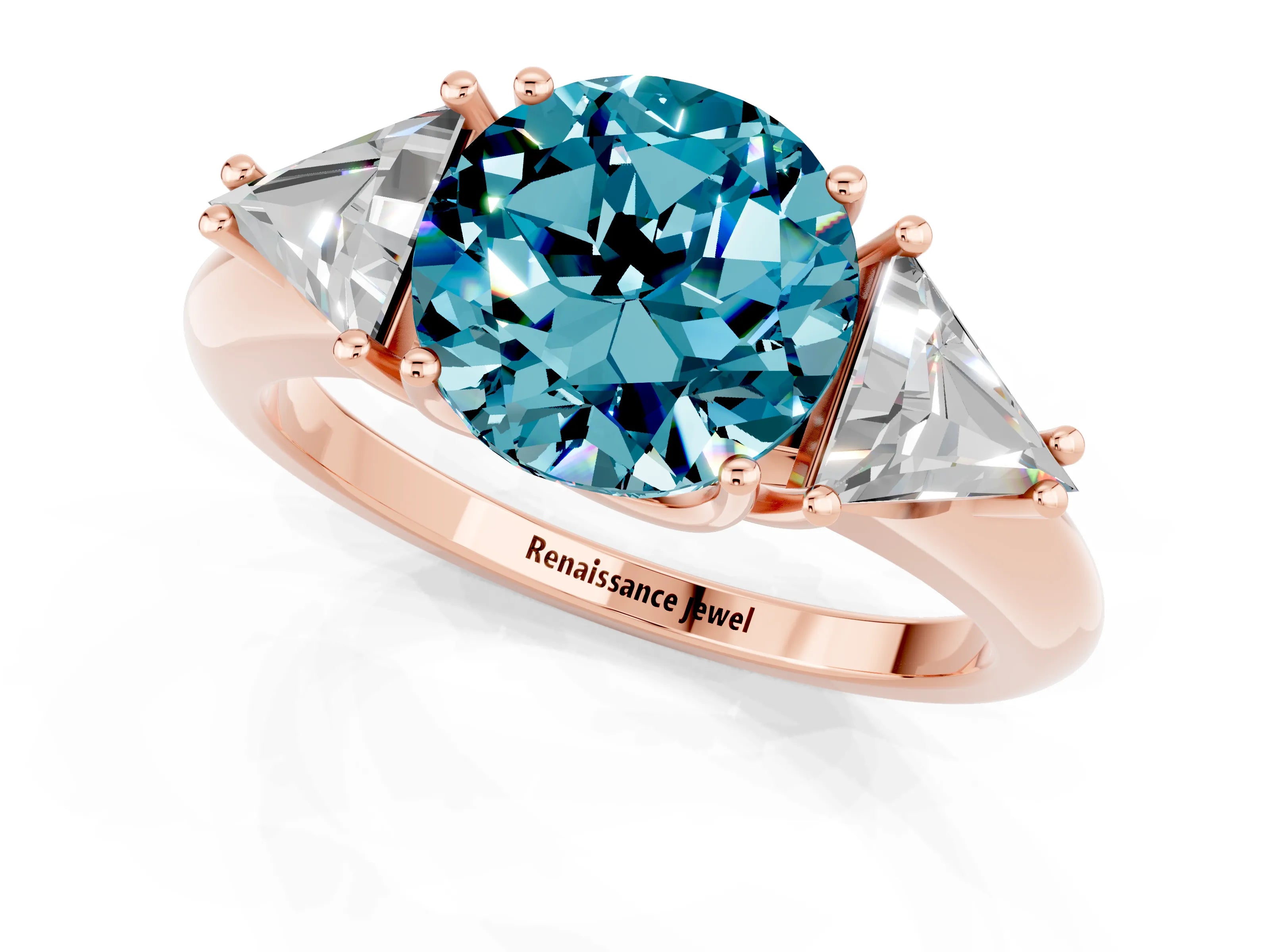 Rose gold Three-Stone Round Cut Cut Diamond Ring with Trillion Side Stones and Four-Prong Setting_1